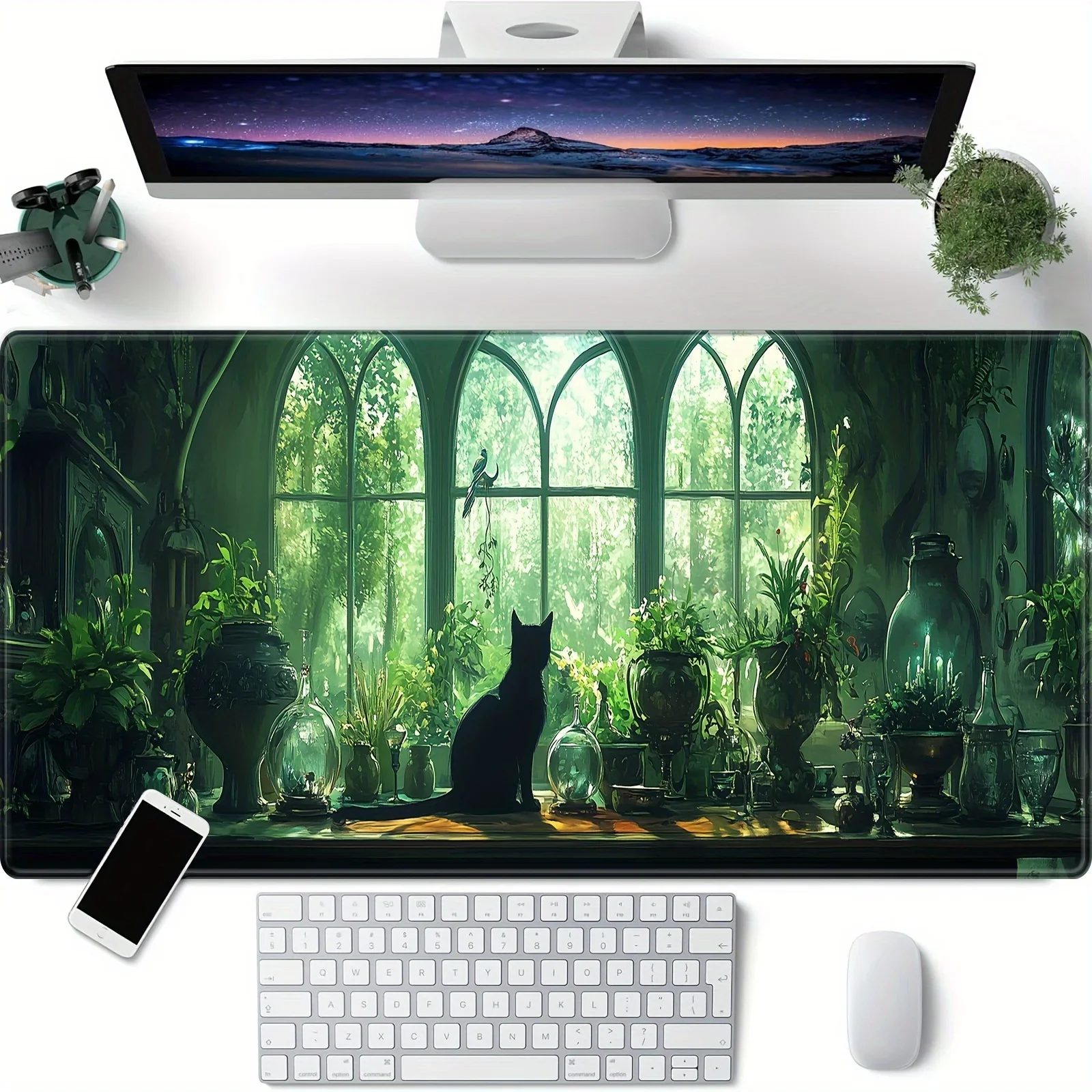 

Large Desk Mat Cute Black Cat with Green Plant Kawaii Anime Aesthetic Mouse Pad Gaming Rug Office Decoration Natural Rubber Pads