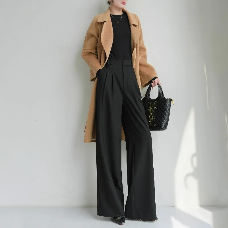 Novo quatro estações preto cintura alta alta casual pendurado calças para mulheres ao ar livre de alta qualidade versátil calças largas perna