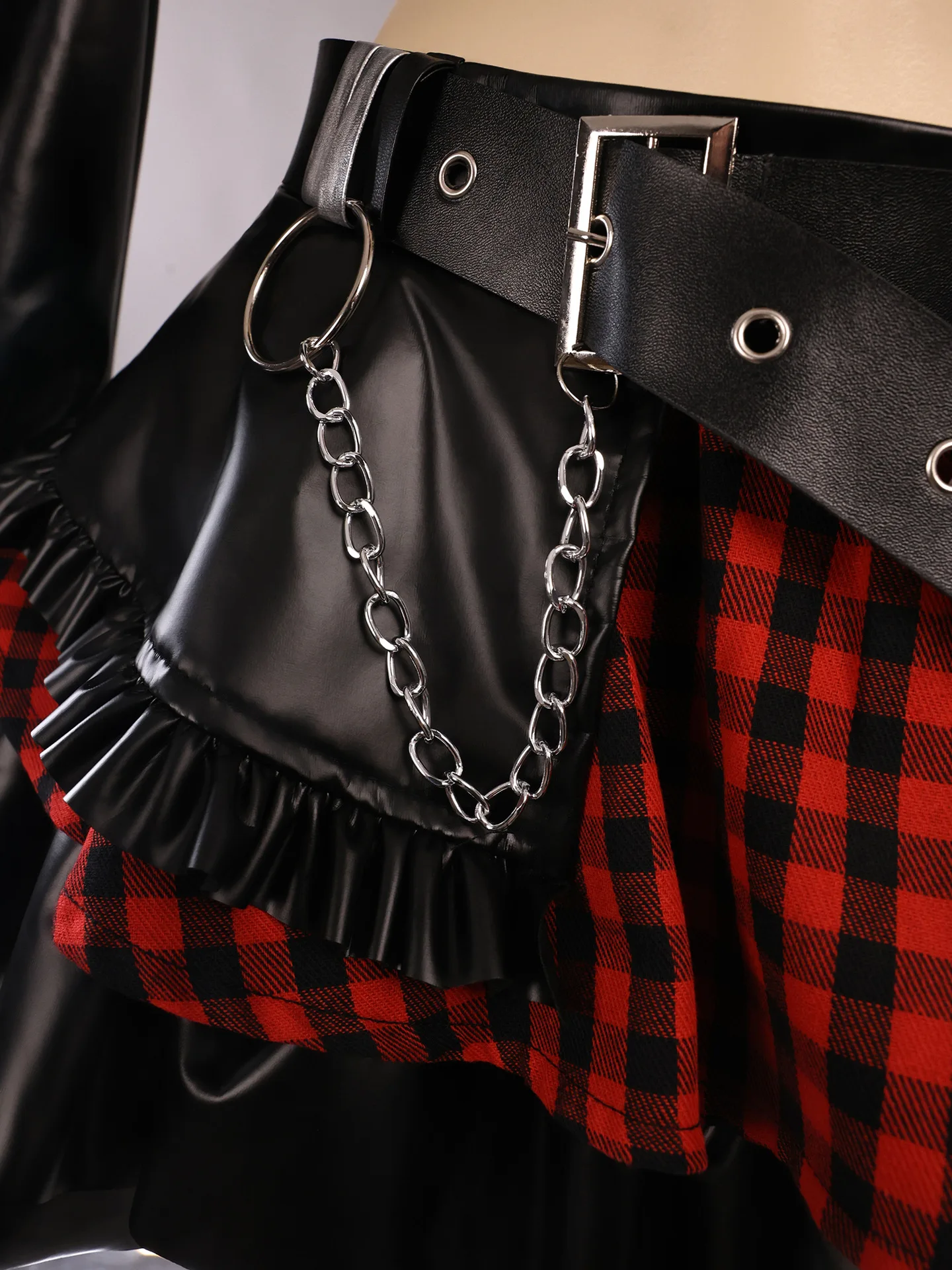 Y2K Women Gothic Punk Rock Outfit Plaid Mini Skirt PU Leather Crop Top Tie Full Set Anime Women Cosplay Idol Costume Halloween view 5