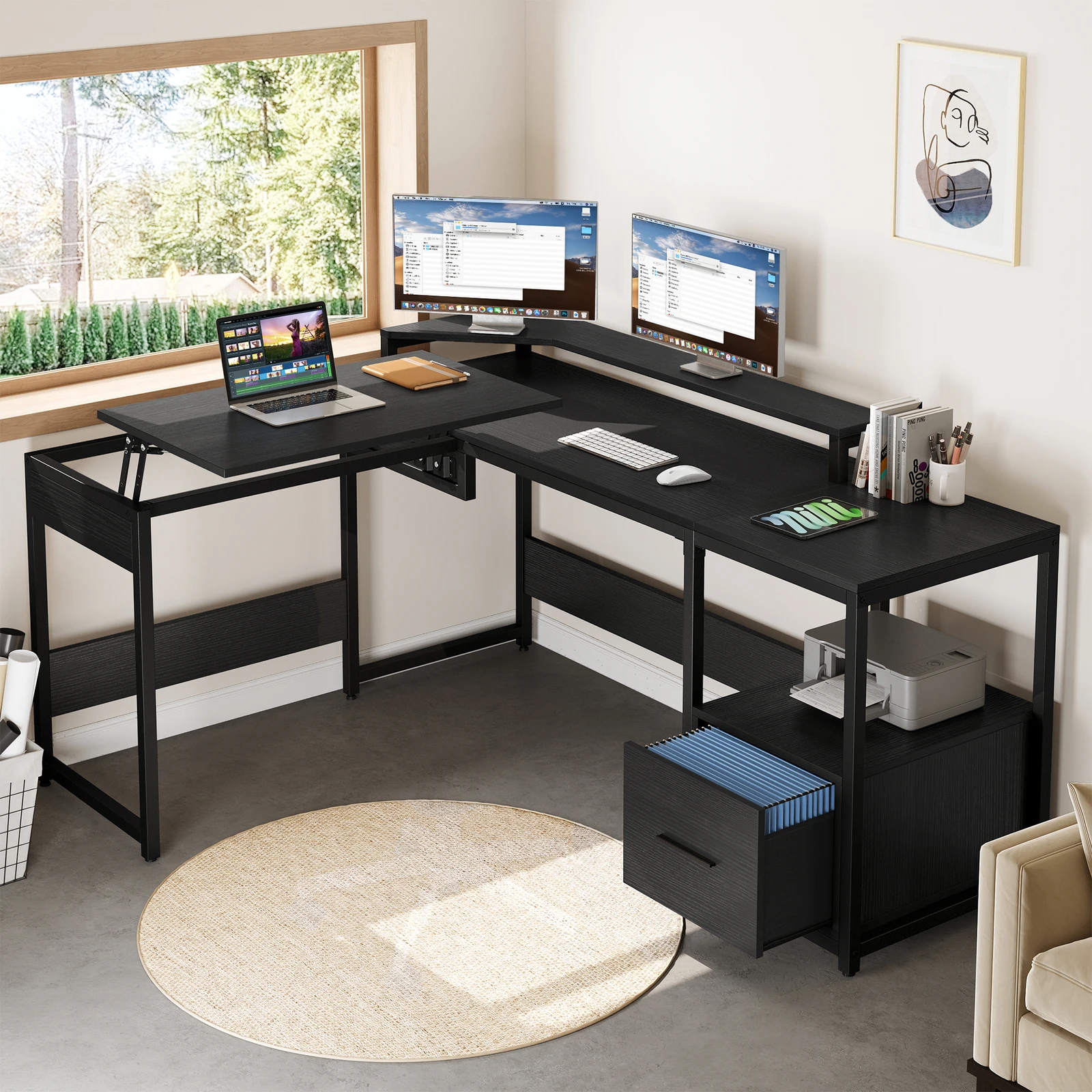 

65'' L Shaped Desk with File Drawer Corner Office Desk Computer Desk Lift Top