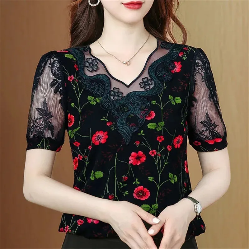 Upscale Printing Lace Miss Fashion Top 2022 New Short Sleeve Wild Temperament T-Shirt Summer Women Coat V Neck Shirt Jacket