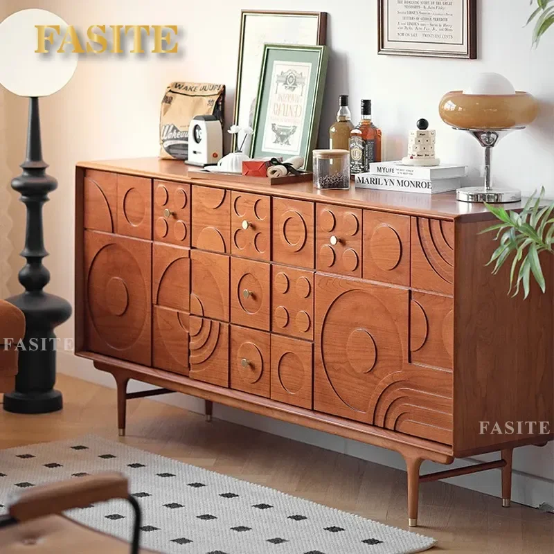 Nordic Retro Solid Wood Carved Flower Double Door Chest Cabinet Medieval Bedroom Storage Side Table Bedside Nightstand