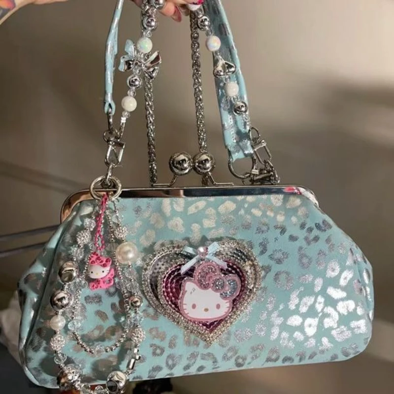 

Сумка Kawaii Hello Kitty, золотая косая сумка с орфоном, серебристо-синяя вспышка, блестки, сумка с леопардовым принтом, ручная сумка с зажимом, женская сумка