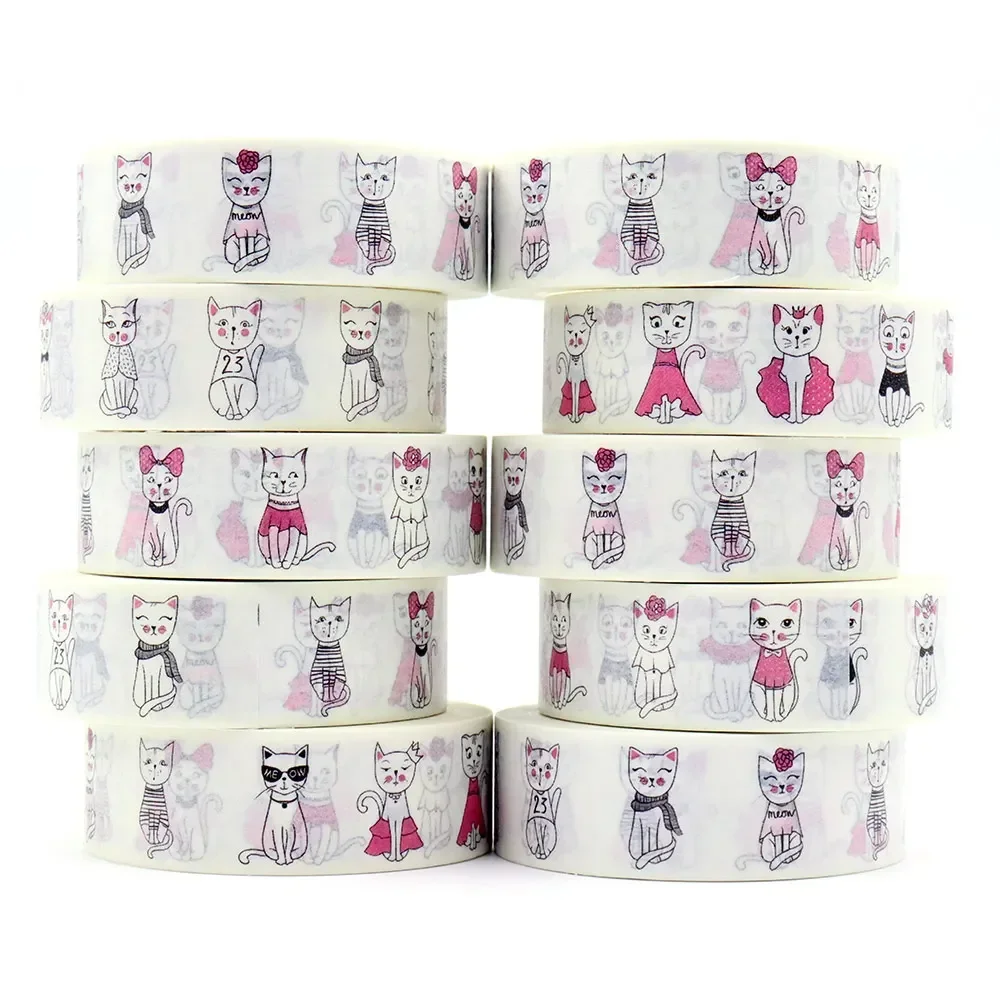 10PCS 15mm*10M Cute Cats Colourful Tape Adhesive Stationery for Craft Masking Adhesive Tape Sticker Office supplies