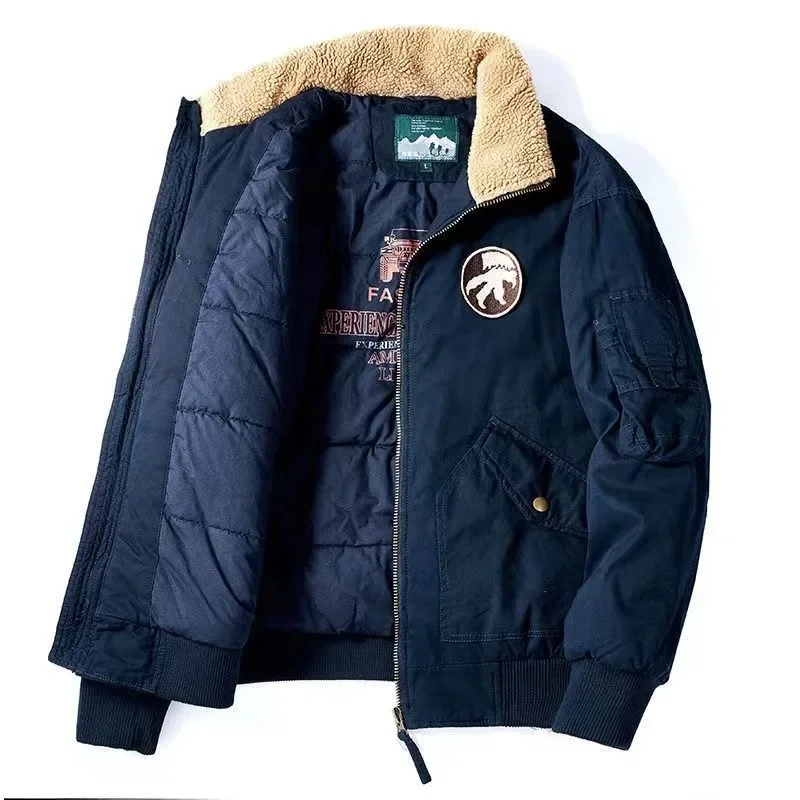 Winter New Men Fleece-lined Thicken Warm Cotton-Padded Coat Male Large Size 115.00kg Wearable Outwear Solid Color Casual Outcoat