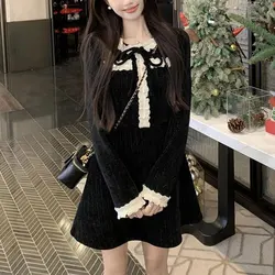 Vintage Lace A-Line Mini Dress Spring Autumn Stylish Spliced Elegant French Style Female Clothing Round Neck Drawstring Dresses