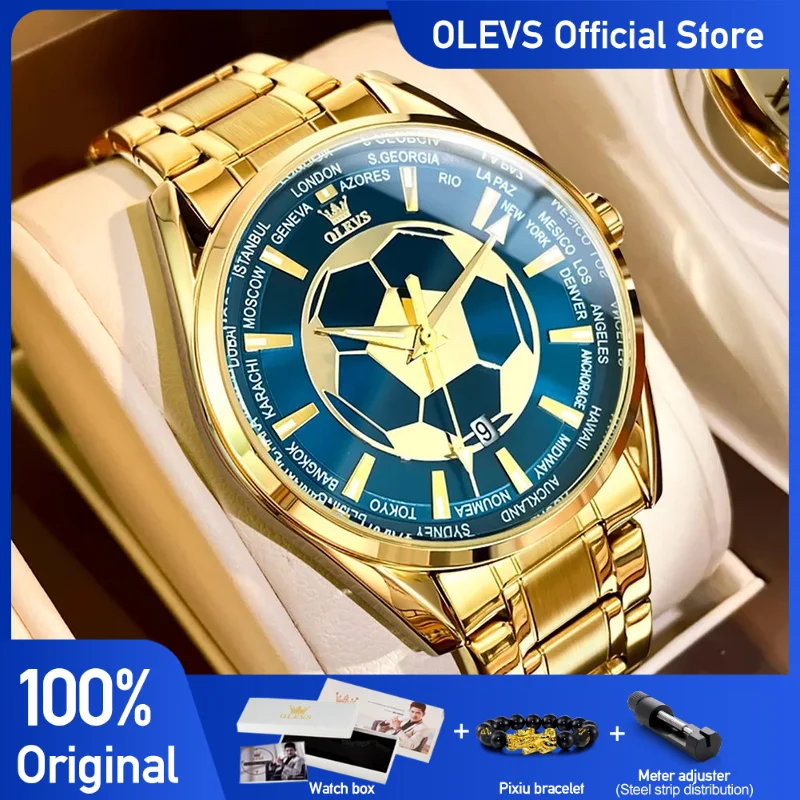 OLEVS Men\'s Watches Top Brand Quartz Watch for Men Waterproof Stainless Steel Wristwatch All Gold Blue Soccer Dial