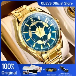 OLEVS Men's Watches Top Brand Quartz Watch for Men Waterproof Stainless Steel Wristwatch All Gold Blue Soccer Dial