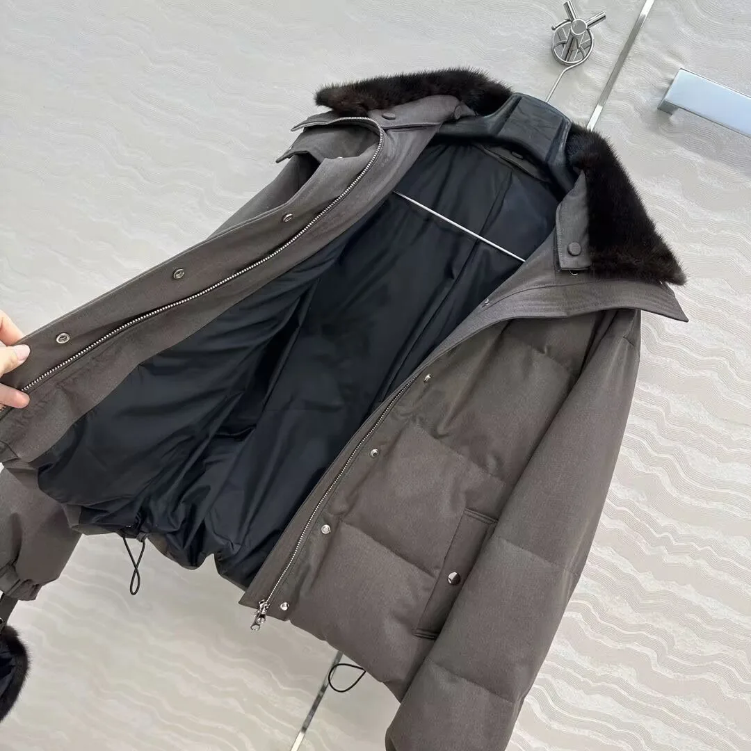 Neue Winter Luxus Nerz Pelz Kragen Patchwork Dicke 160g Weiße Gans Unten Jacke Frauen Mit Handschuhe Alte Geld Stil casual Mantel