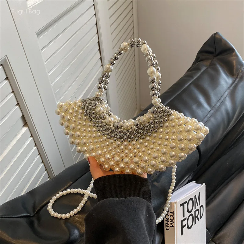 Women's Handbag Single Shoulder Crossbody Bag New Fashionable and High-end Feeling Luxurious Pearl Weaving Fairy Beach Leisure