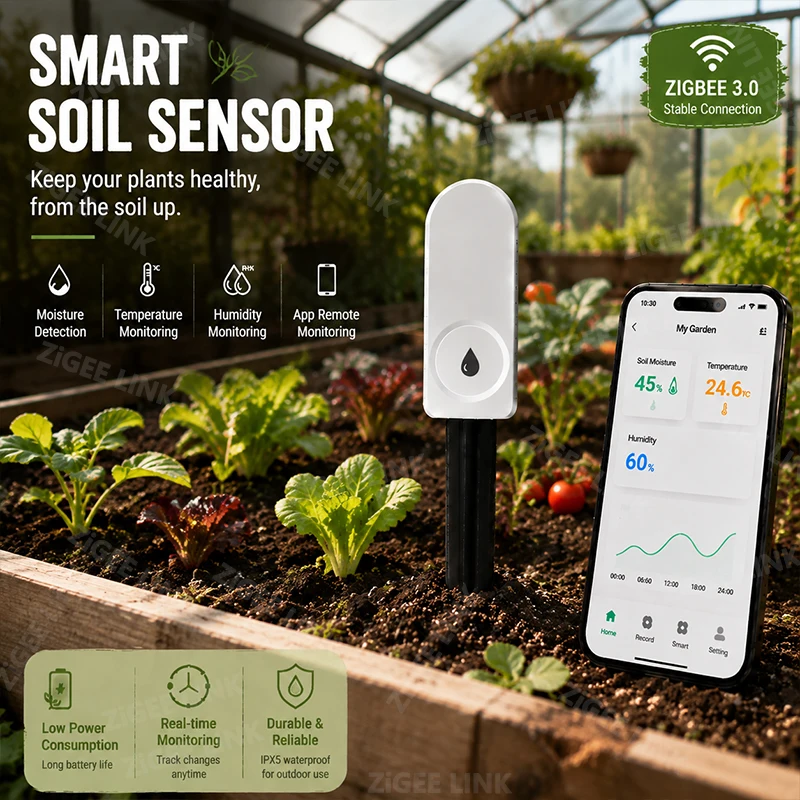 Smart Zigbee Soil Moisture Tester Air Temperature Humidity Monitor Wireless App‑control Detector For Backyard Lawn Flower Plants