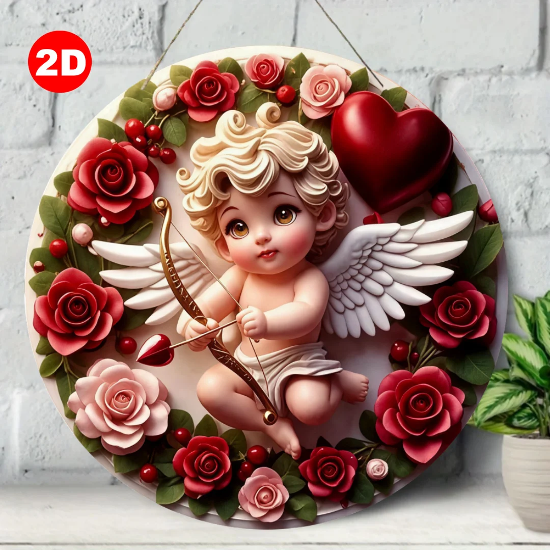 1-teilig, Valentinstag-Kranz-Logo, mit einem runden Holzschild mit Amor, Frühlingsdekoration, Wand- und Türbehängen