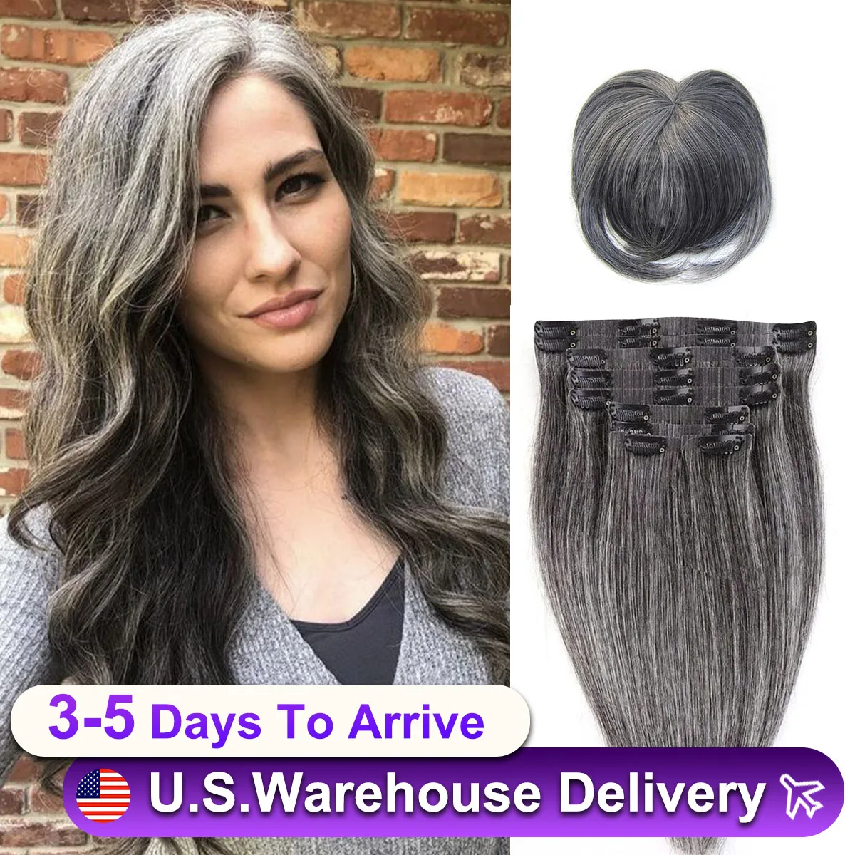 Clip per capelli grigi con clip per capelli umani per donne, sale, pepe, clip in PU senza cuciture nelle estensioni dei capelli, trama della pelle dei capelli umani lisci