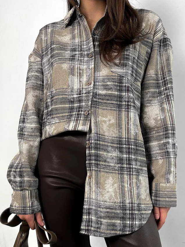 

Женские клетчатые лоскутные лацканы с длинными лацканами Све irt Casual Sle средней длины на пуговицах Casual Print Design Regular Sve