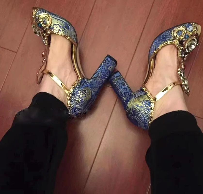 Rhinestone Gem Pearl Embellished Print Flower Embroidery T-belt Sandals Women's Mary jane Pumps Block Heel Gold Toe Shoes