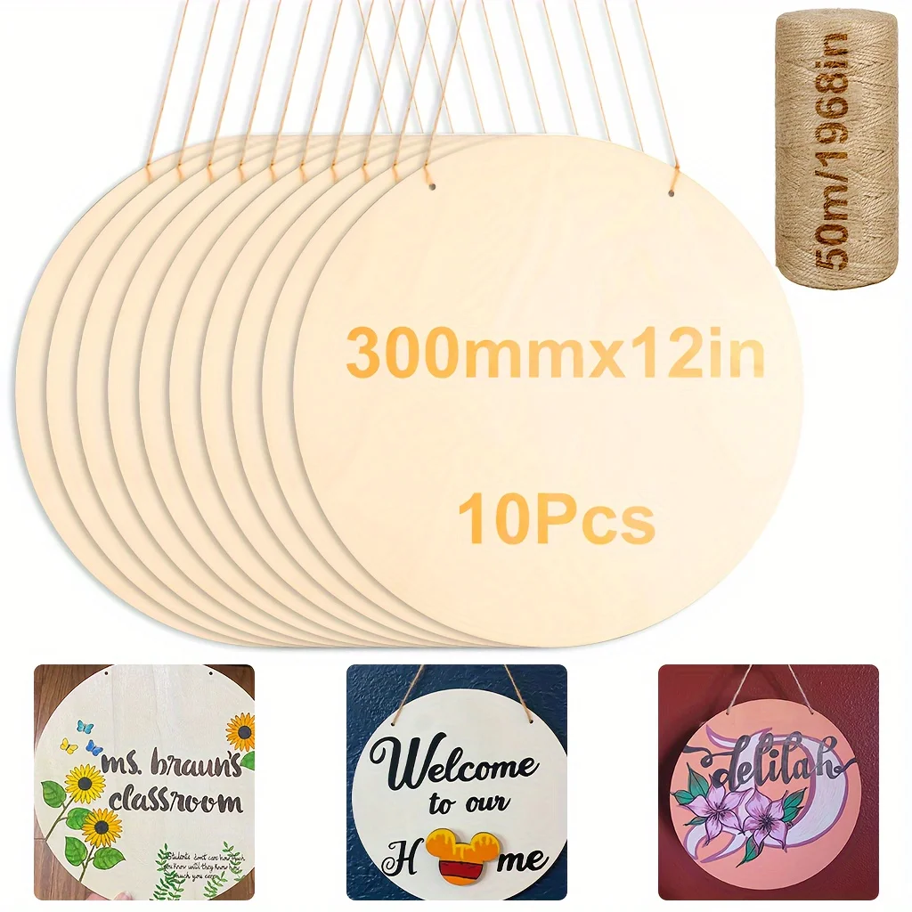 10pcs/5pcs/2pcs Wooden Crafts 50m Hemp Rope, 12inch Crafts Wood Circle, DIY Wood Circle for Cricut Projects, Door Hanger, Wood B