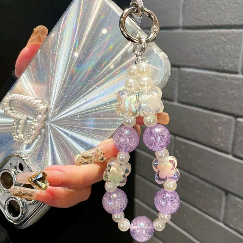 

Handmade DIY For Iphone 13promax Candy Hand Strap Pearl Butterfly Shape Phone Chain Keychain Lanyard For Samsung S25 S24 S23Plus
