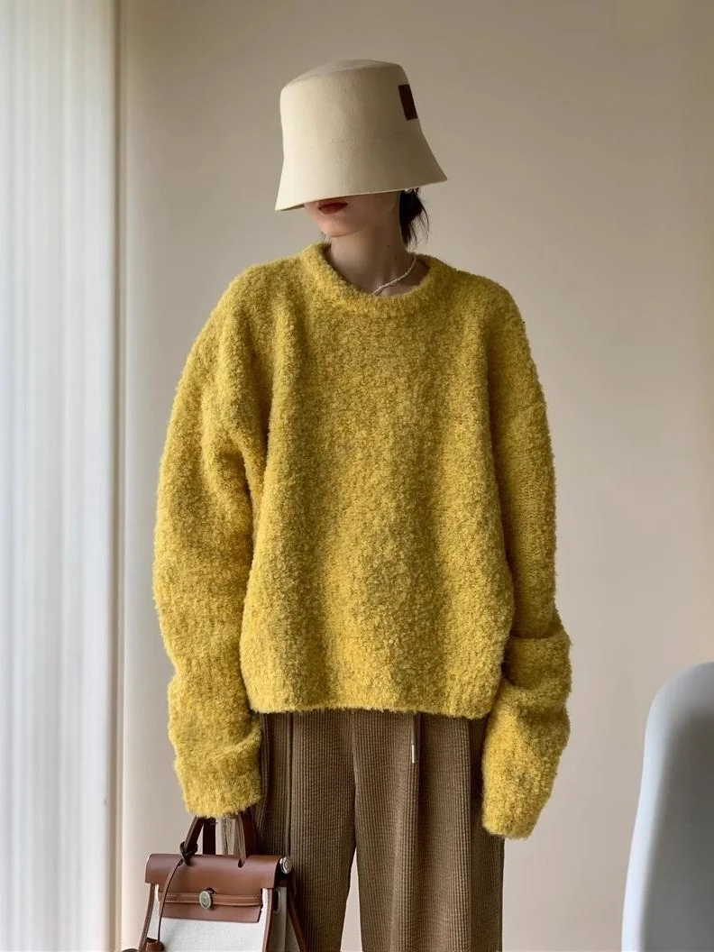 Женские осенние шикарные пушистые вязаные пуловеры, модные однотонные простые свободные универсальные мягкие теплые свитера, топ