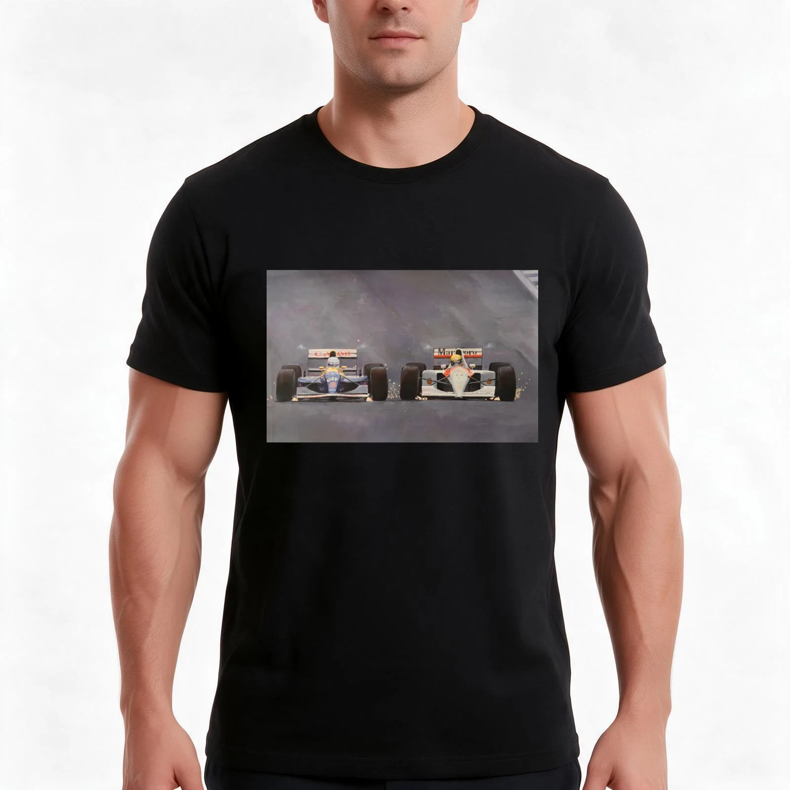 Print of original artwork by Eder Costa Barcellos - Mansell and Senna Spain 1991 T-Shirt Summer Casual Cotton Tee 100% Cotton