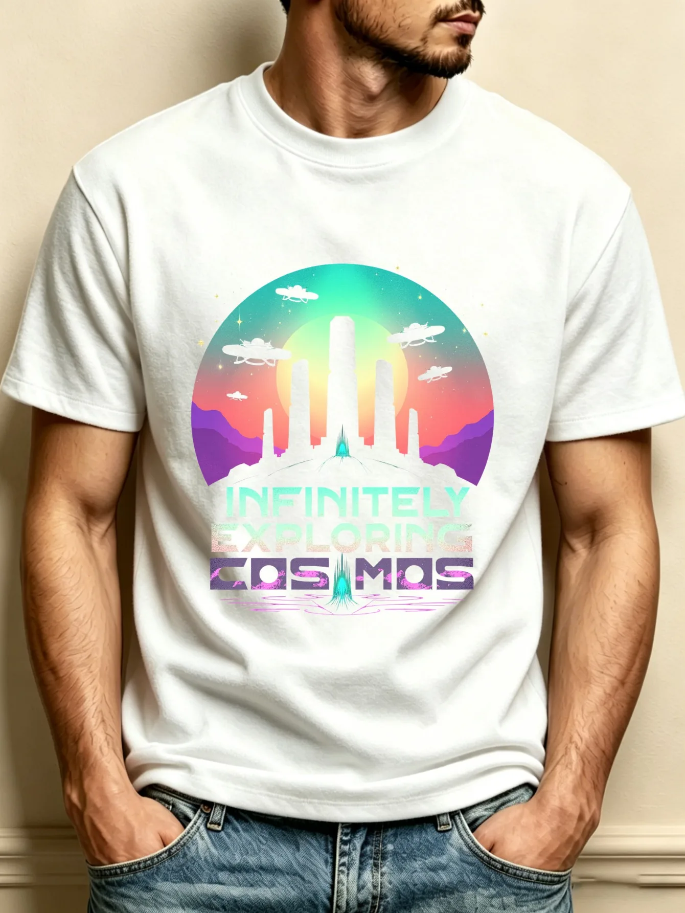 Vintage Space Adventure Style Men's Crew Neck T-Shirt, Loose Fit, Fashionable and Versatile Fabric, Soft and Comfortable, Suitable for Everyday Wear and Holiday Gifts. Features an Infinite Exploration of the Universe Pattern, with Futuristic Cityscape and Ufo Designs