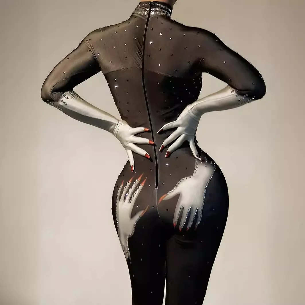 Tuta da donna sexy Mani da donna Zentai Paillettes lucide Modello stampato Body Costumi di spettacolo per feste di carnevale di Halloween