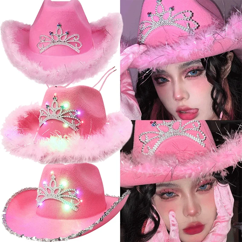 

Pink West Cowgirl Hat For Women Girls Tiara Feather Felt Western Sequin Cowboy Cap Costume Party Dress Jazz Caps Cosplay Props