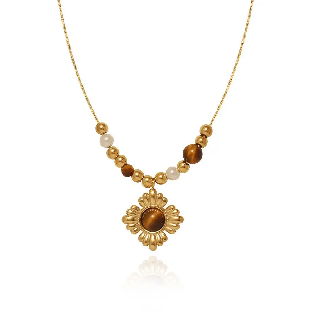 Stainless Steel Flower Pendant Tiger Eye Stone Bead Chain Necklace Free Fashion Charm Collar Chic Cast Jewelry