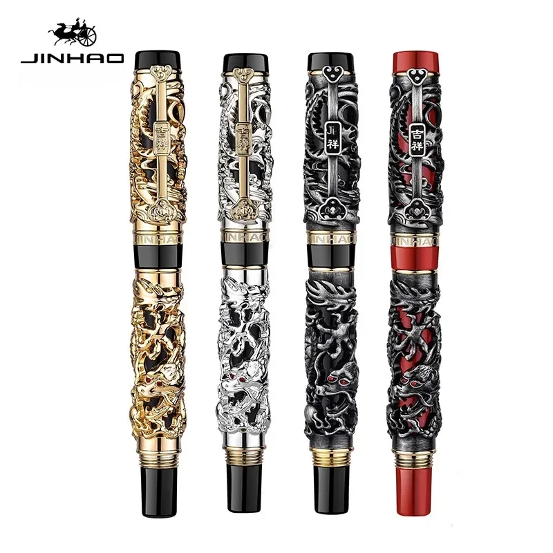 Jinhao 3D Dragon Relief Fountain Pen Luxury Phoenix Golden Metal Writing Pens 0.5/1.0mm Nib Stationery Office School Supplies