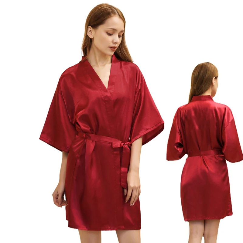 Women's nightgown Glossy solid color thin summer Cardigan short knee-length nightgown Women's sexy color Ding home gown