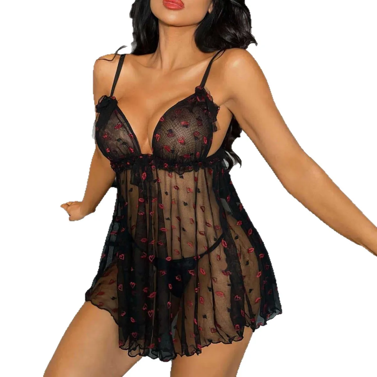 

New Sexy Sheer Camisole Heart Print Dress Hot And Alluring Backless Deep V Suspenders Sleeveless Transparent Mesh Dress HZ72