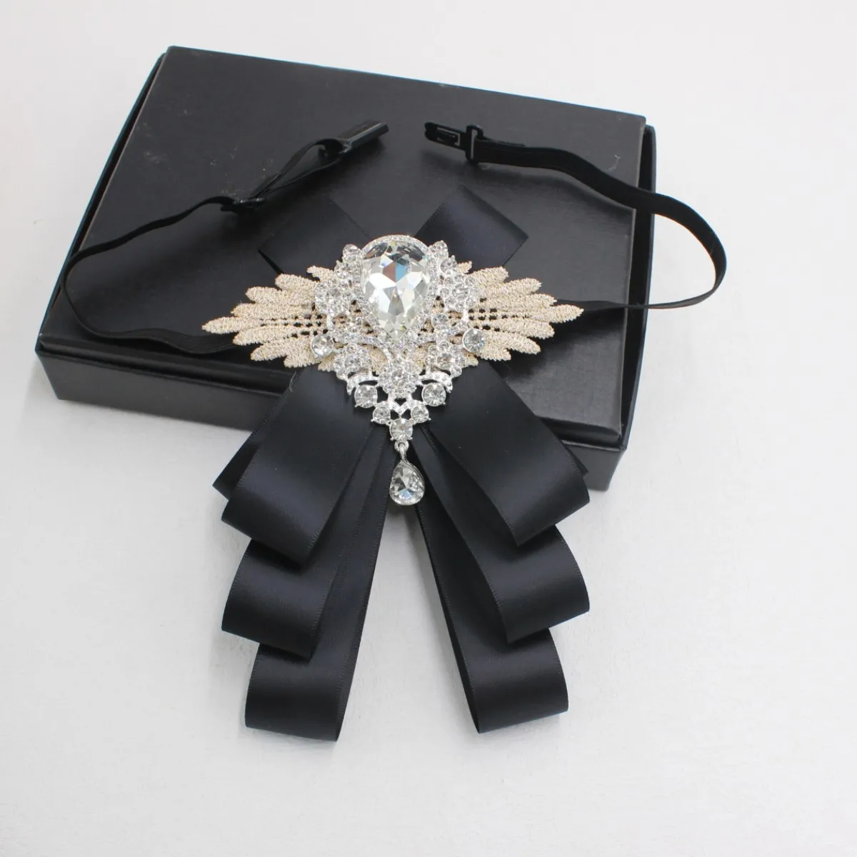 

Handmade Elegant Women’s Bow Tie – Deep Blue Satin Ribbon with Crystal Rhinestone Brooch for Wedding & Party Dress TS332