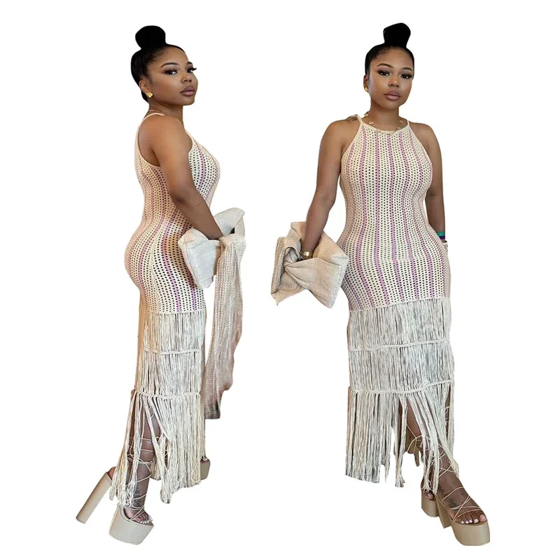Striped Crochet Knitted Beach Summer Dresses Woman Sleeveless Spaghetti Strap Sheath Slim Fit Tassel Bodycon Maxi Dress Holiday