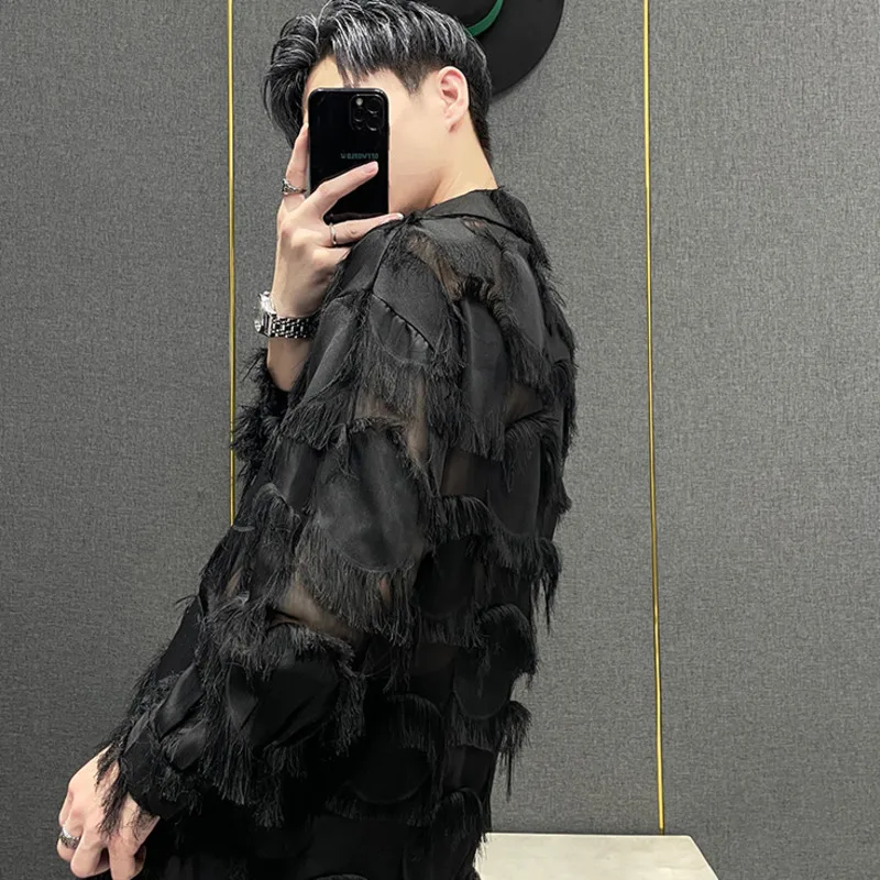 WVGA خريف جديد الرجال المد شارع العليا شبكة المرقعة قمصان طويلة الأكمام المتخصصة شيك عادية بدوره إلى أسفل طوق القمم Ins Y2K W13216 #3