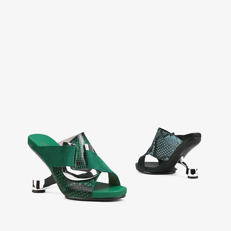 Green Snakeskin Leather Women Outside Slippers Metal Buckle Platform Blue Slides Shoes Iron Strange High Heels Chaussure Sandals