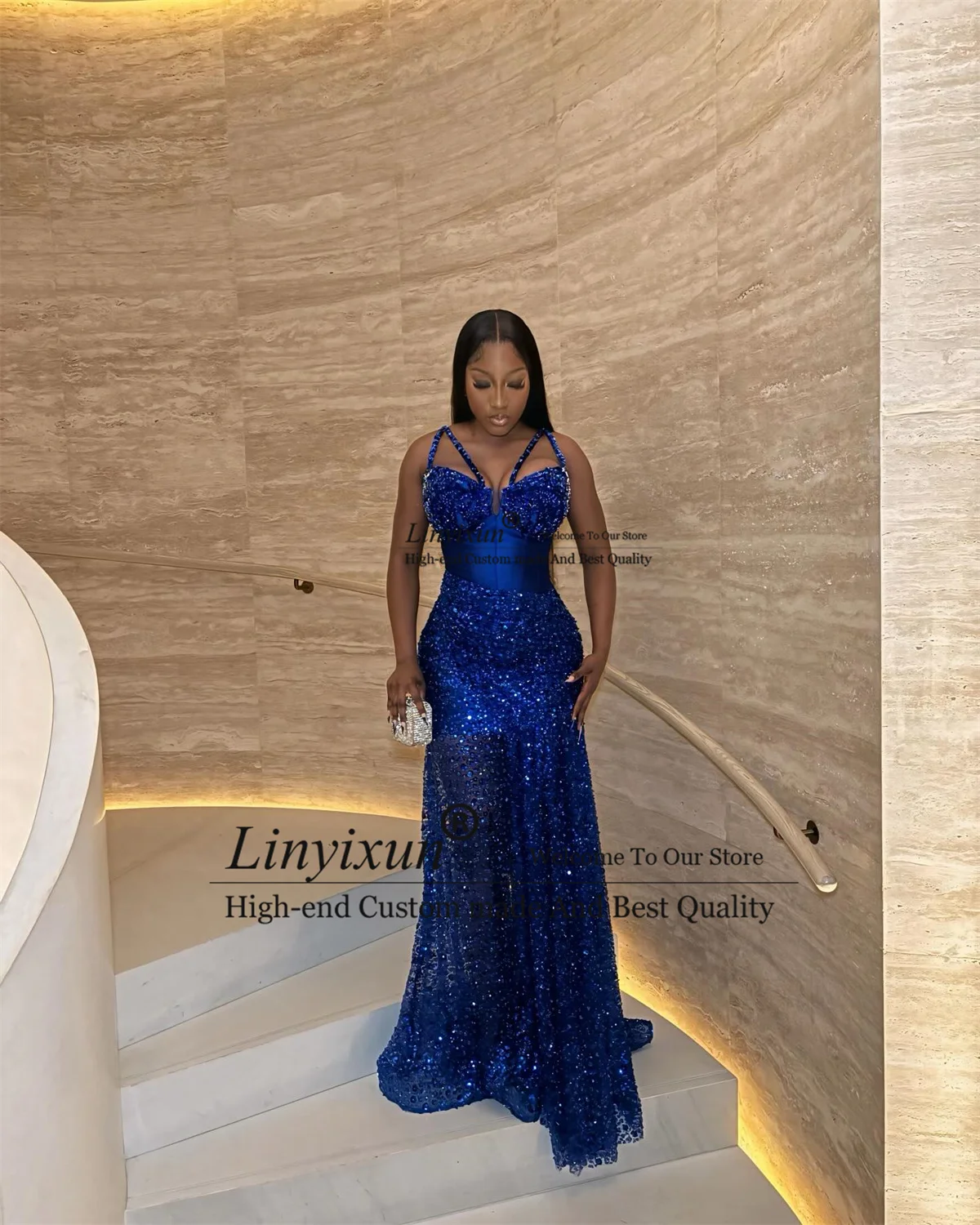 반짝이는 스팽글 인어공주 스타일 프롬 드레스, 비즈 장식 맞춤 제작, 흑인 여성용 코트 트레인 웨딩 파티 가운, 아소 에비 두바이 이브닝 갈라 가운