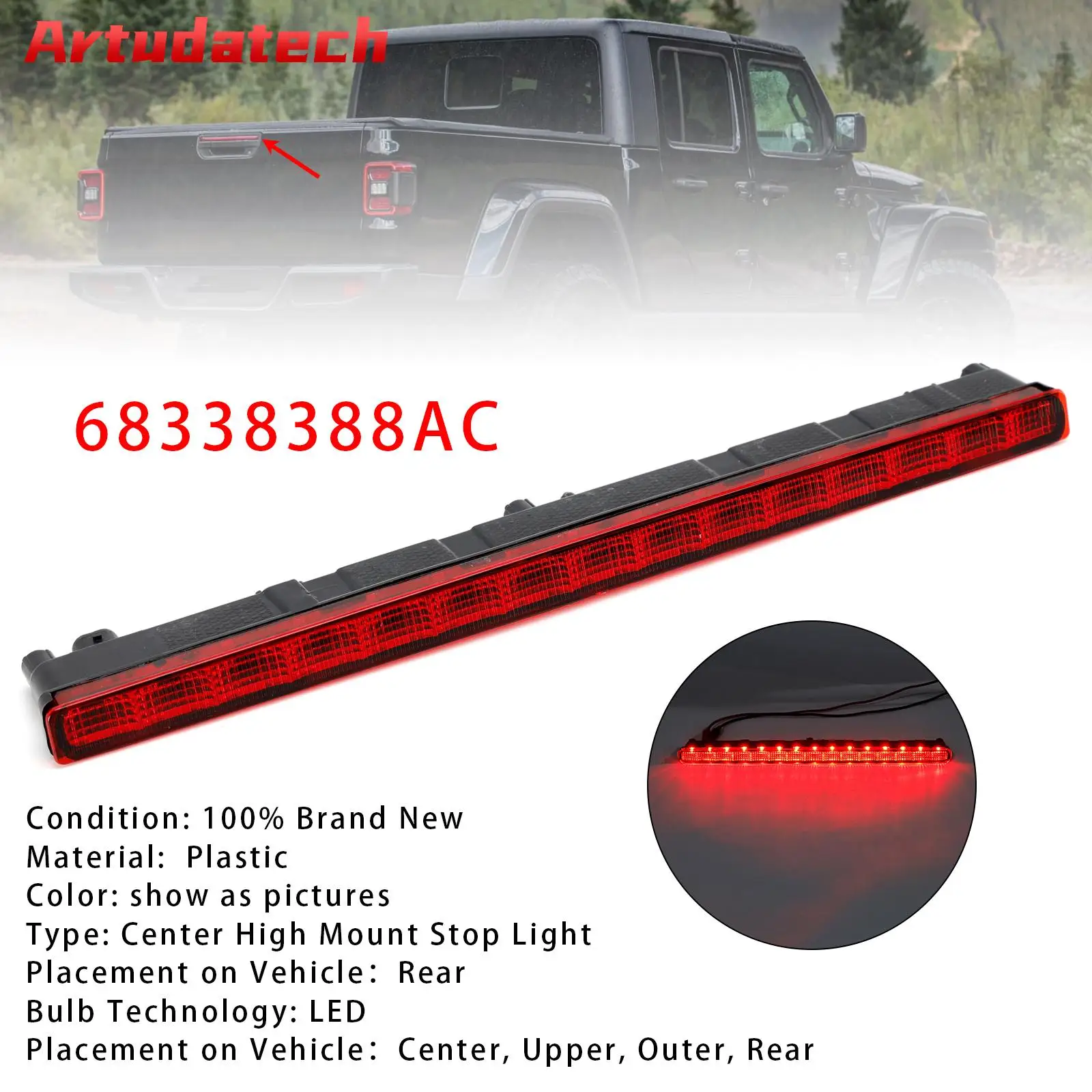 

Artudatech Center High Mount Stop Light Third 3rd Brake Light For Jeep Gladiator 2020 2021 2022 2023 2024 2025 Car Accessories