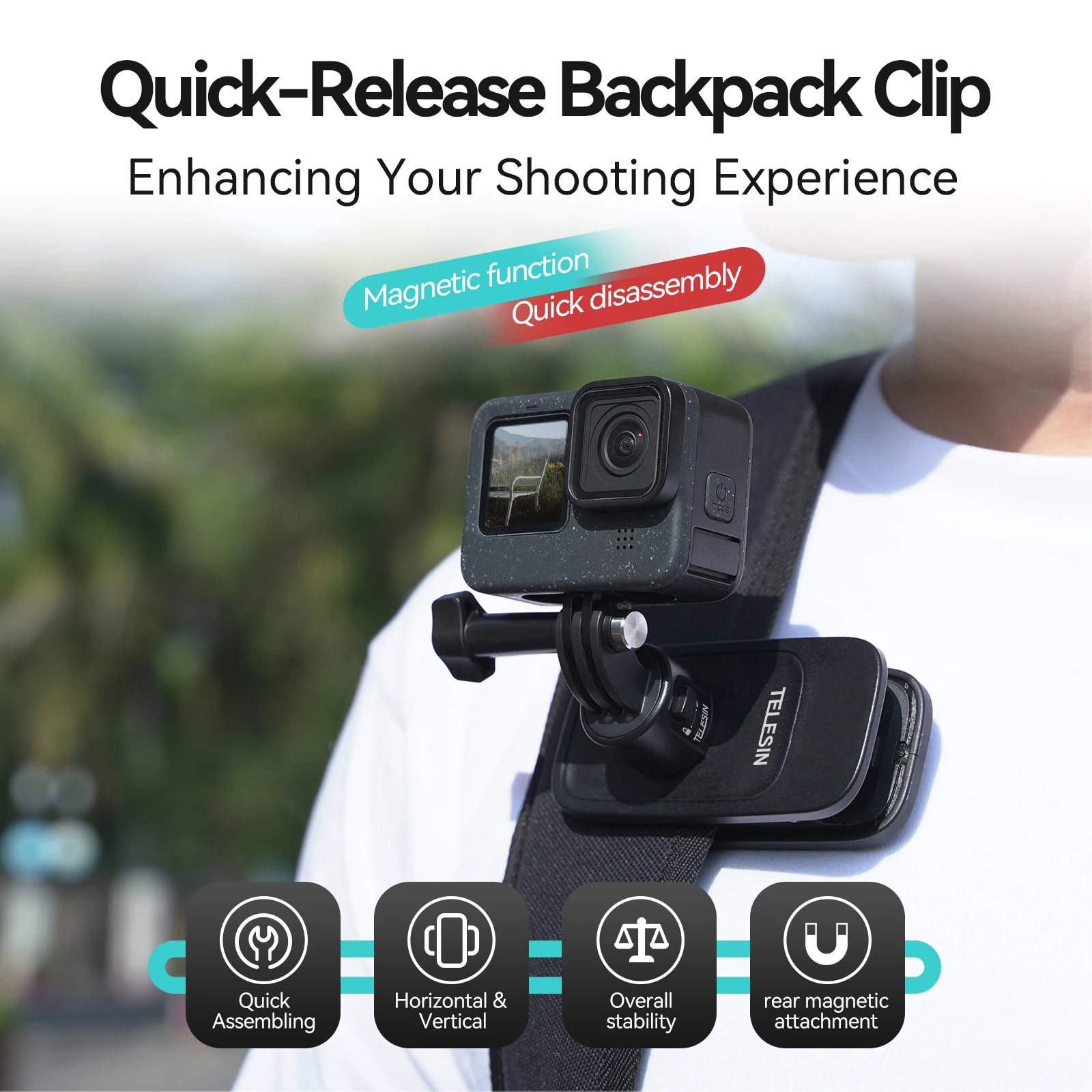 

TELESIN Quick Release Backpack Clip Strap Mount Magnetic For GoPro Hero 12/11/ 10/9 Osmo Action 4 / 3 Insta360 Ace Pro Accessory