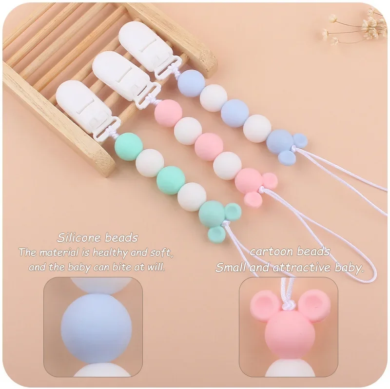 Clip de silicona para chupete de bebé, cuentas de colores, juguetes de dentición de molienda, cadenas fijas anticaída, artículos infantiles Kawaii,