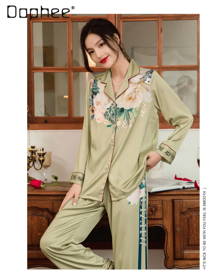 

Light Comfortable Simple Silk Pajamas Long-sleeved Long-sleeved Two-piece Set for Girls French Loose Casual Loungewear Women