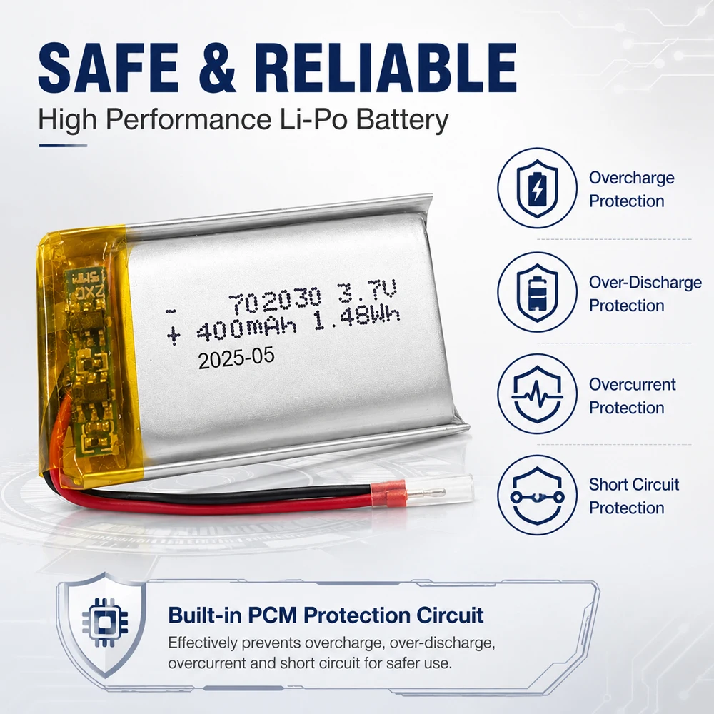702030 3.7V 400mAh Rechargeable Battery. Suitable for: Beauty Devices MP3 Players GPS Devices Recorders and Other Devices.