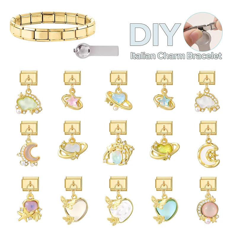 

Colorful Crystal Butterfly Heart Cloud Moon Gold Color Pendant Italian Charm Link Fit 9MM Bracelet Stainless Steel DIY Making