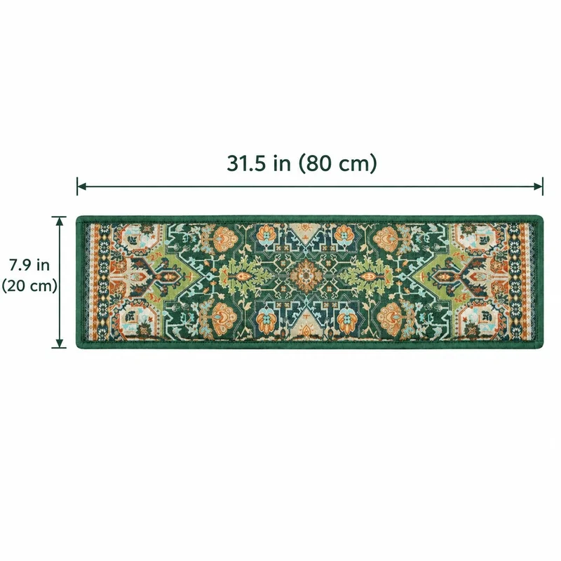 31.5in Persian Pattern Stair Tread Mat, Boho Indoor Carpet with Non-Slip Surface and Easy-Clean Absorbent Finish