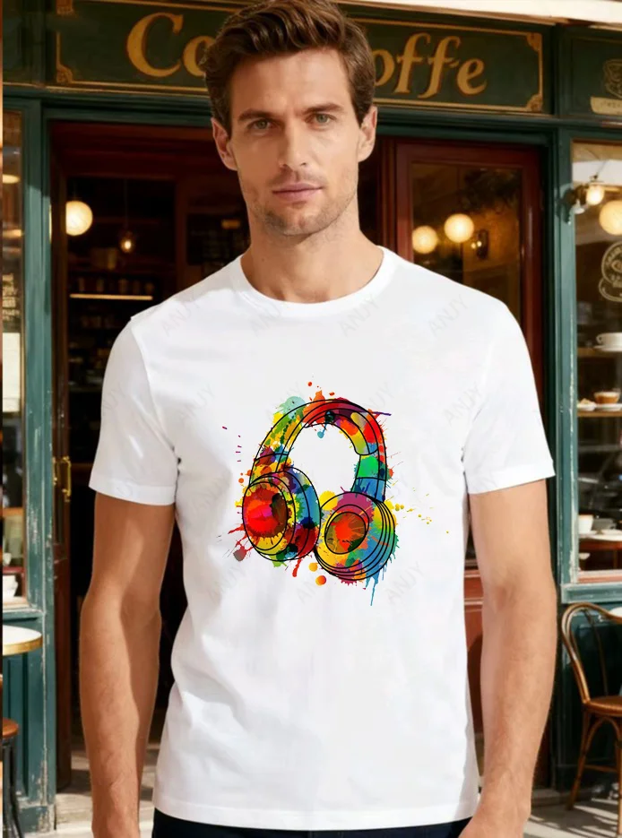 Street Graffiti Color Splash Ink Headwear Earphone Pattern T-shirt Hip Hop Music Style Versatile Couple Short Sleeve Top