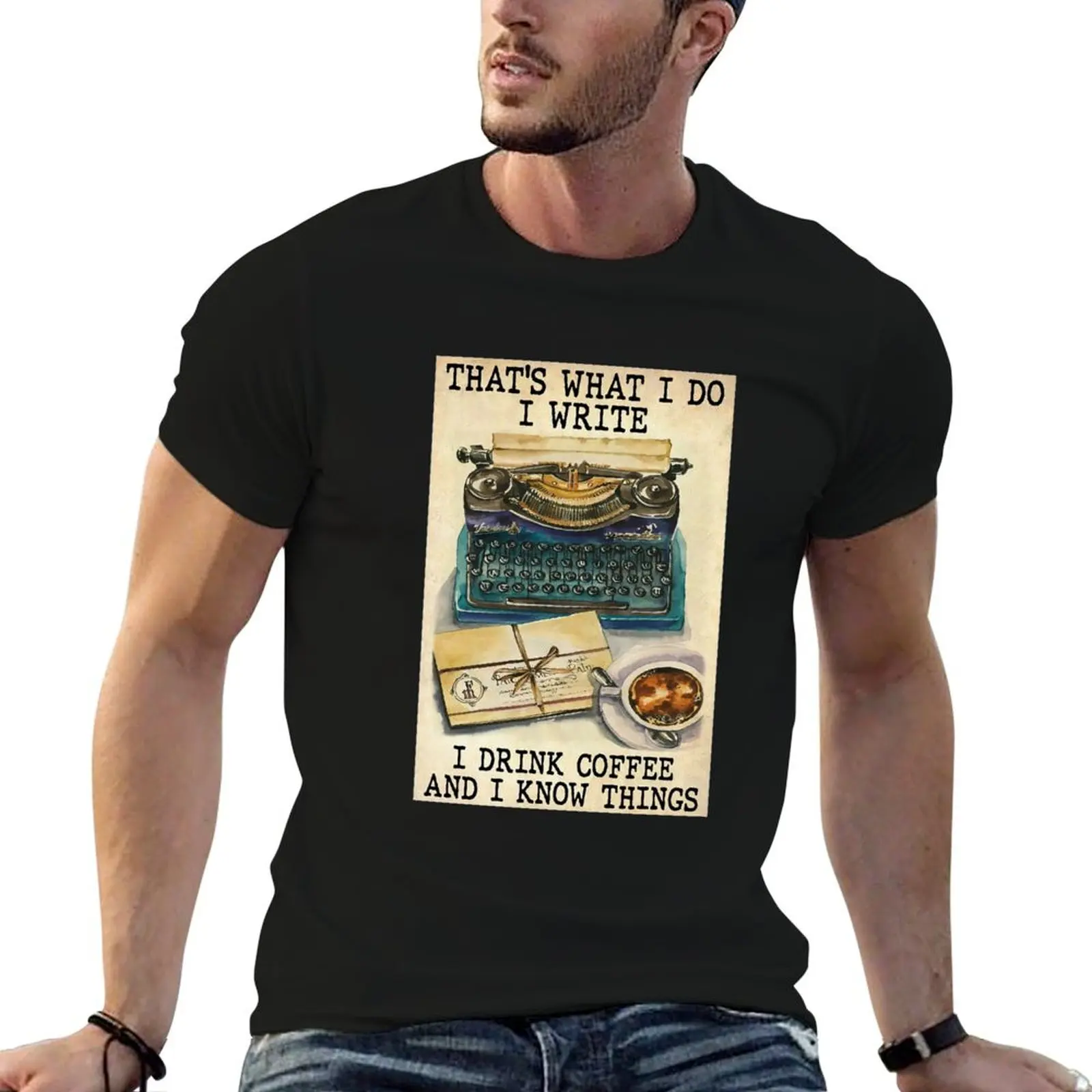 T-shirt pour homme, en coton 100%, avec inscription « I Drink Coffee And I Know Things »