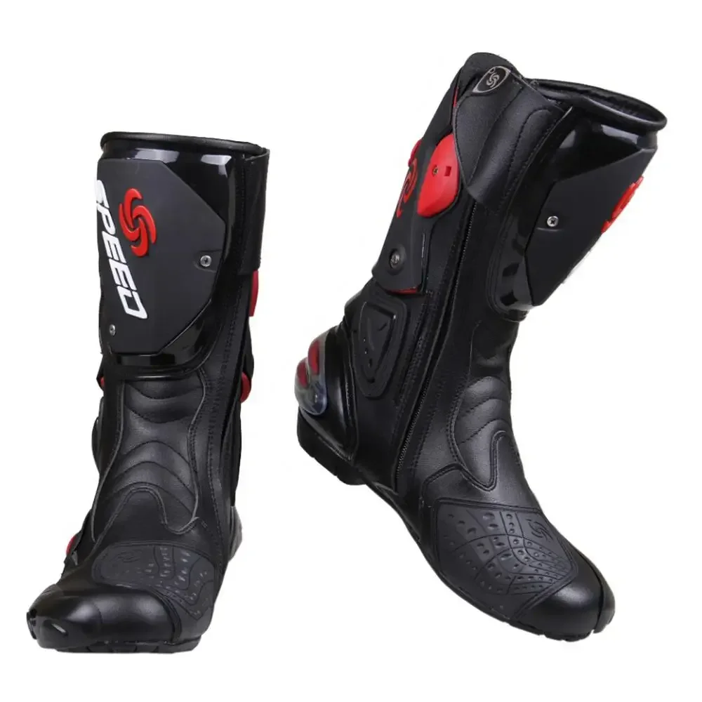 Stivali da moto da uomo Protezione anticaduta da equitazione Alta qualità Nero/Bianco/Rosso Taglia grande 40-45 B1001 Scarpe da motocross