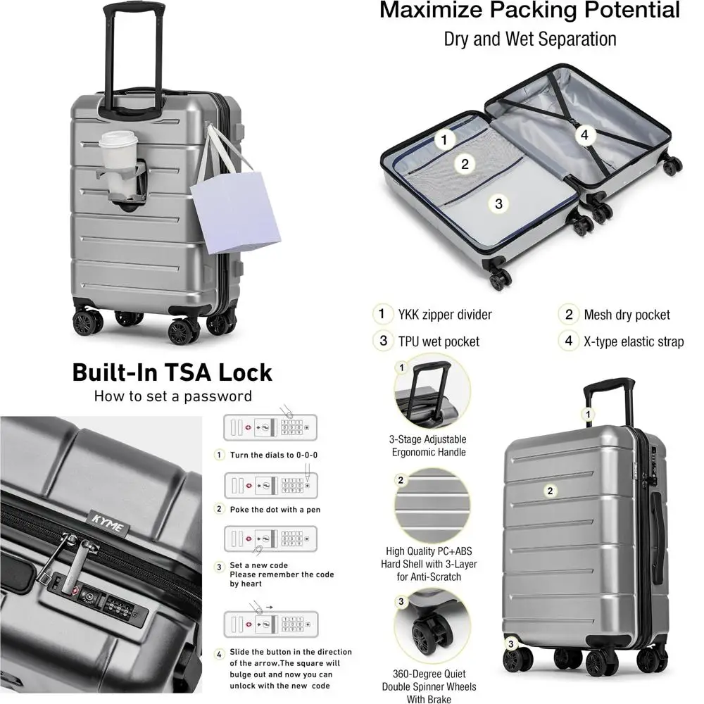 

Airline Approved Hardside Spinner Carry-On Suitcase with Cup Holder, 22x14x9 Inches, Travel Luggage for Efficient Packing