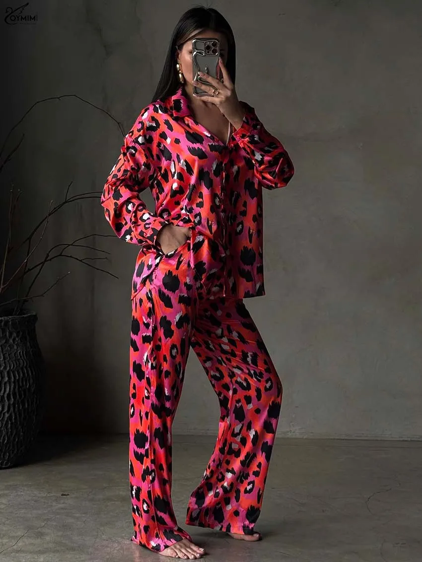 

Oymimi Fashion Red Print Two Piece Set Woman Casual Satin Long Sleeve Button Shirts And Pockets Straight Trousers Female Sets
