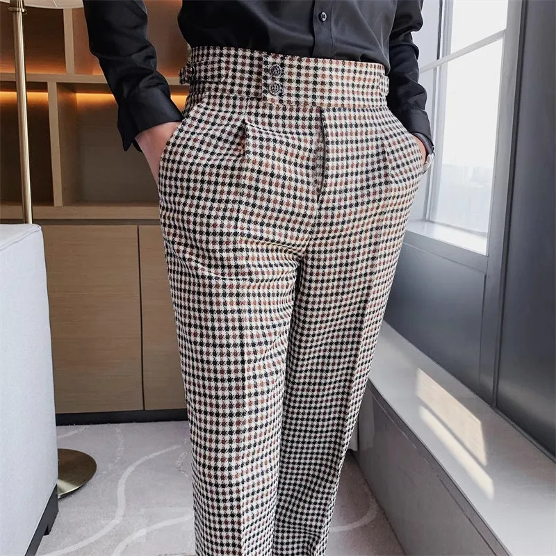 

British style plaid Business Dress Pants Men High waisted Office Social Suit Pants fashion Casual Wedding Groom Trouser 2023