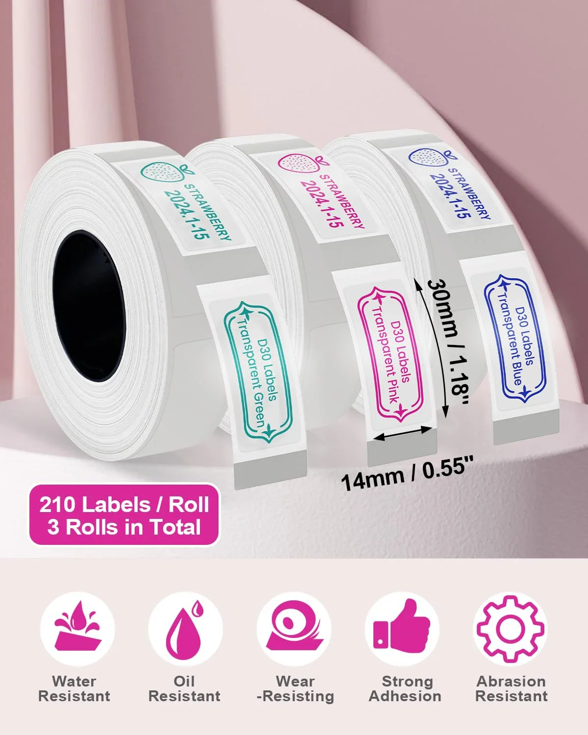 D30 Label Sticker Pink/Blue/Cyan/Black On Clear Self-Adhesive Thermal Paper Waterproof For Popular Label Maker To Price Note Tag