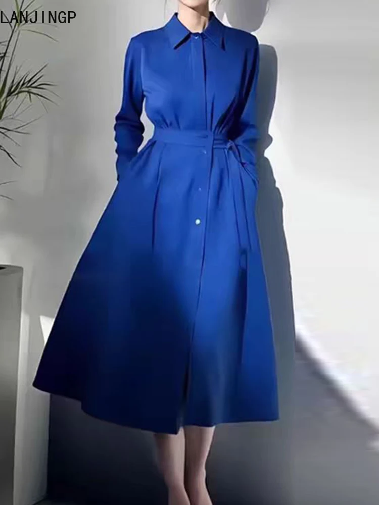 

High-end exquisite blue long-sleeved shirt dress waist and thin French spring dress new a-word skirt children